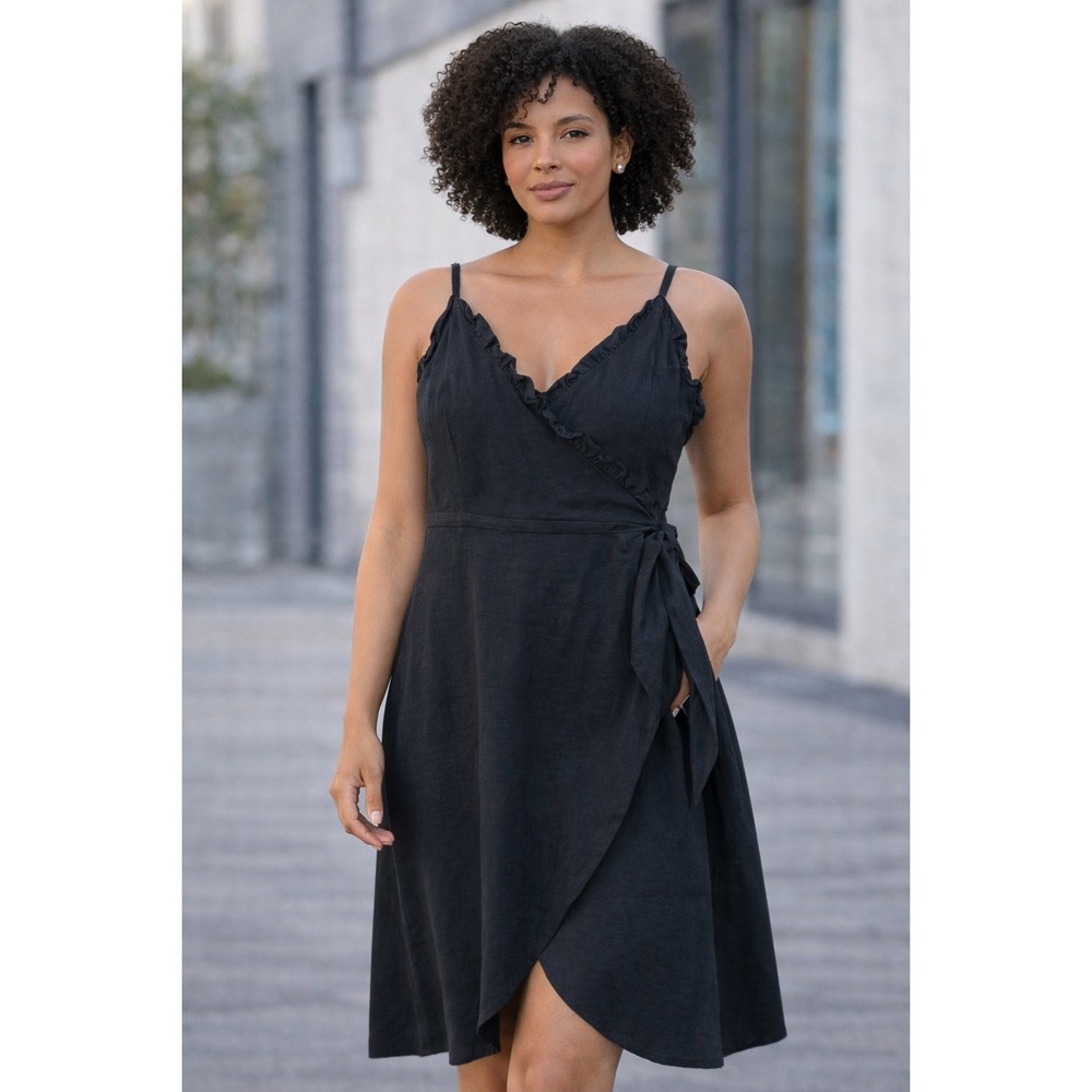 Lovers + Friends Black‎ Sleeveless Ruffle Trim Wrap Dress Medium NWT